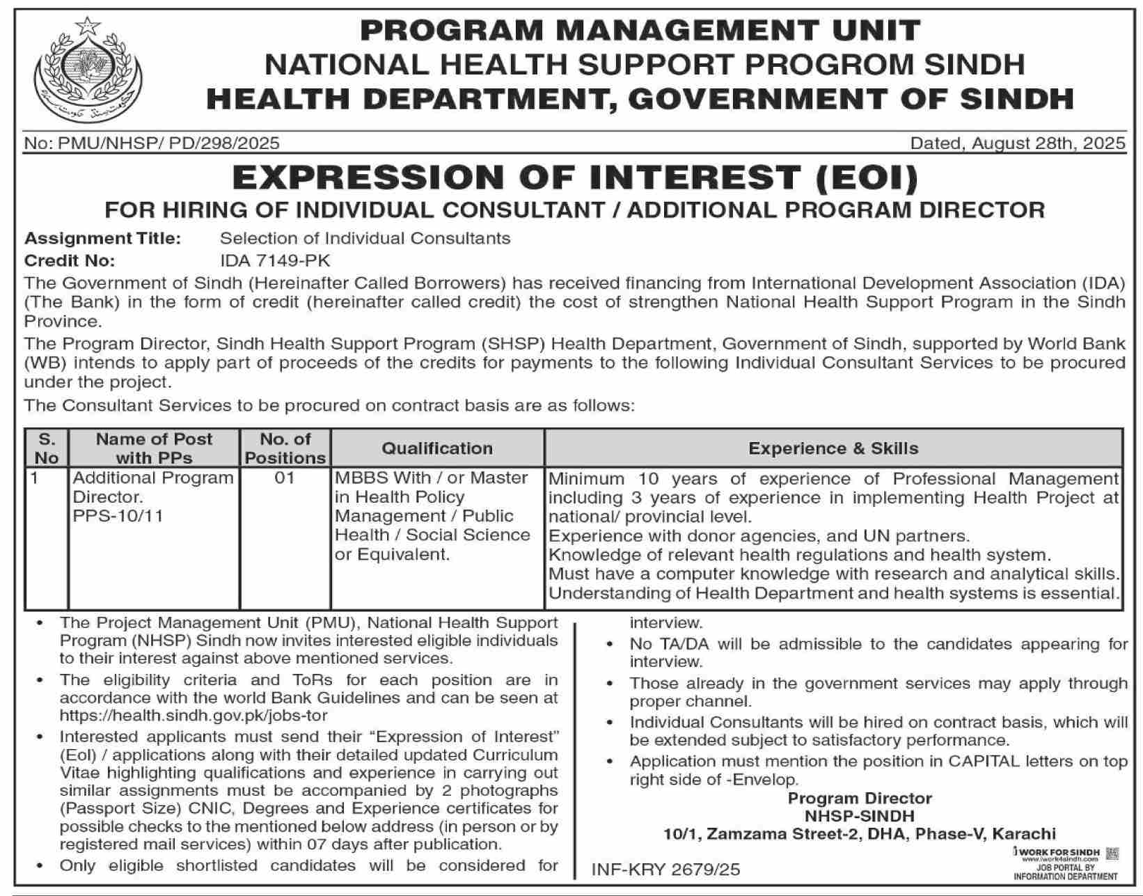 Health Department Karachi tender Notice